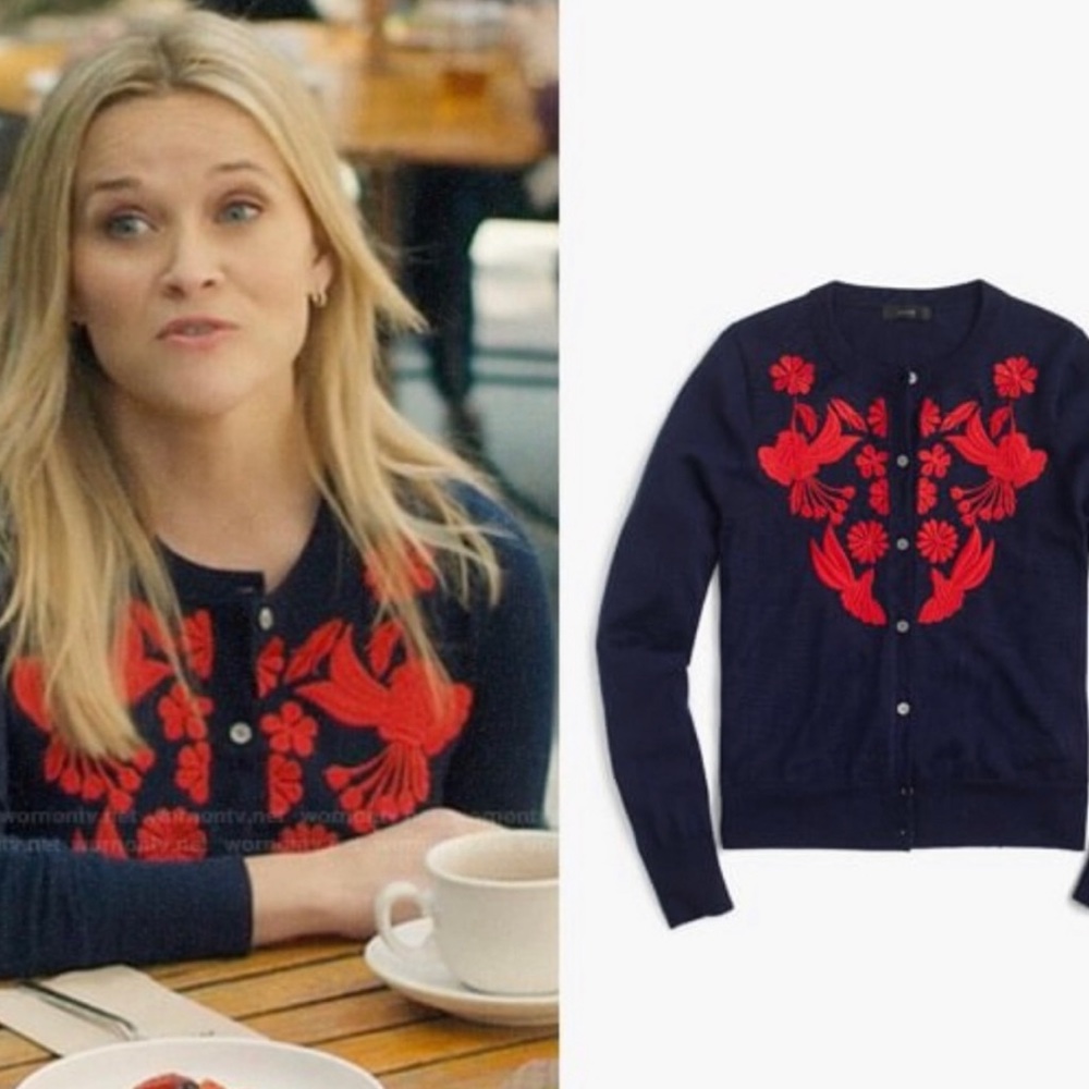 J.Crew Jackie Cardigan With Red Floral Embroidery